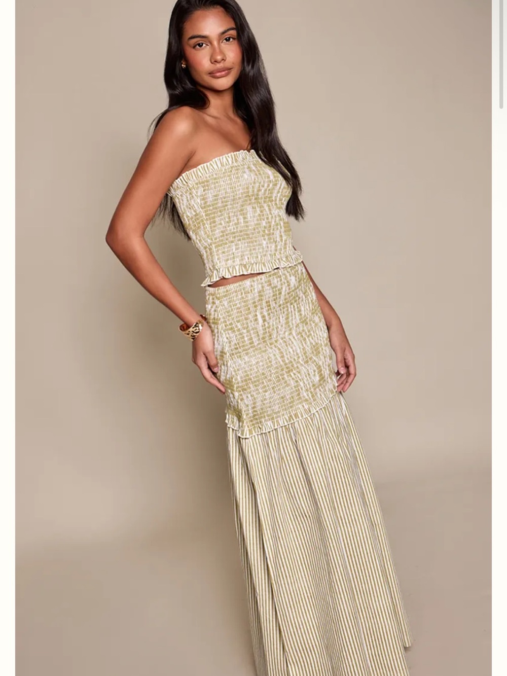 PrettyLittleThing Olive and Cream Matching skirt set
